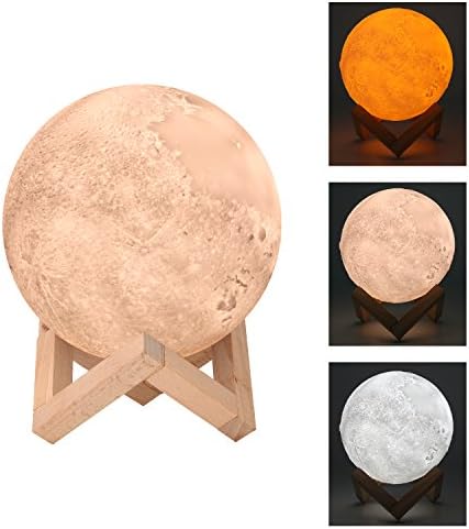 3D Printing Moon Lamp,LED Moon Night Light Touch Control Dimmable Bedroom Night Light Moon Light Table, 3 Modes Bedside Table Lamp with Wooden Holder(5.9inch)