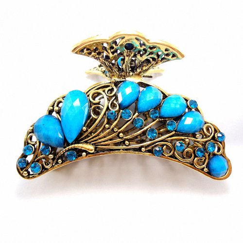 Fashion Base Retro Acrylic Crystal Peacock Shaped Hair Claws Clips for Women Bluel