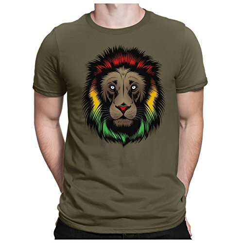 PAPAYANA - Reggae-Lion - T-Shirt Fun pour Hommes - T-Shirt Imprimé - Cotton - Regular Fit - 3XL - Oliv