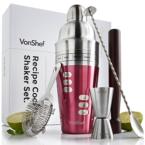 VonShef Cocktail Shaker Set mit gedrehtem Barlöffel, 15 eingravierten Rezepten, Hawthorne-Sieb, 25ml & 50ml Messbecher & Holz-Stößel - Rot - Zwei Jahre KOSTENLOSE Gewährleistung