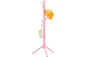 Relquorax Beech Wood Coat Rack for Kids, Height Adjustable Stand with 9 Hooks, Freestanding Children's Clothes Organizer for Hallway, Bedroom, Easy Assembly (Pink)
