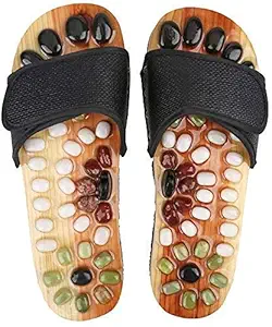 Smartizo Yoga Acupressure Paduka Slippers Natural Pebble Jade Stone Massager Foot Care and Full Body Relaxer with Pressure Points Wooden Slipper For Men and Women { Size 9 , 10 - Shown in Picture } [Wooden Colour] (1 Pair - 2 Slippers) [LargeSize]