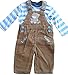 6-12 months - Baby Boys Cute Little Mechanic Teddy Bear Brown Corduroy Dungarees with Blue and White Striped Long-sleeved Top Outfit