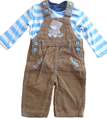 6-12 months - Baby Boys Cute Little Mechanic Teddy Bear Brown Corduroy Dungarees with Blue and White Striped Long-sleeved Top Outfit