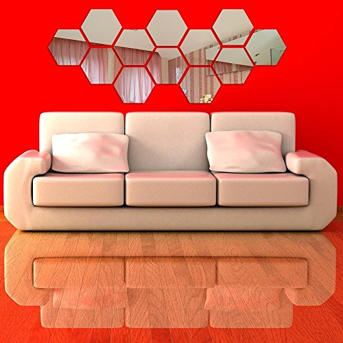 NectaRoy 3D Spiegel Hexagon Acryl-entfernbare Wand-Aufkleber-Abziehbild, Spiegel Geometrische Hexagon Aufkleber Wohnzimmer Dekor (Silber) - 3