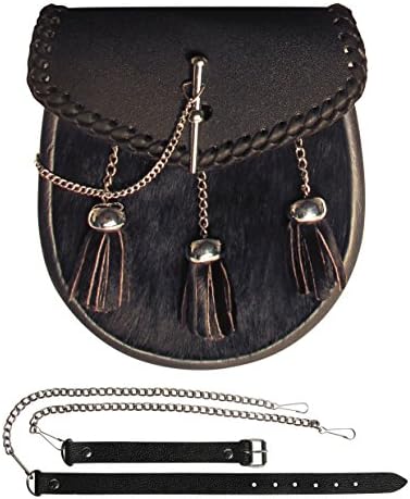 REAL LEATHER SCOTTISH HIGHLAND WEAR CELTIC SPORRAN & CHAIN BELT KILT ACCESSORIES (Black)