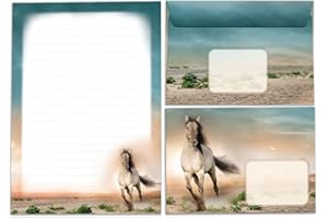 JUNAPACK Ensemble de papier à lettre pour fille cheval avec enveloppe pour enfants (bloc A5 de 25 feuilles + 15 enveloppes)
