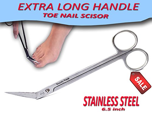 BeautyTrack 6.5 inch Extra Long Shank Toenail Scissors - 3cm Cutting Edge, Toe Nail Chiropody Scissors - No more reaching - For the ELDERLY back pain people
