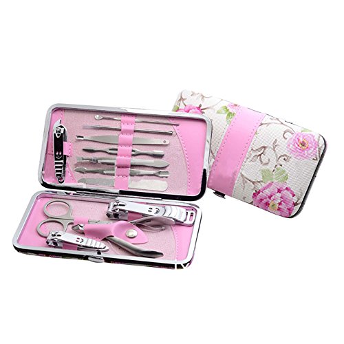 niceEshop(TM) 12pcs Beautiful Floral Print Stainless Steel Manicure Pedicure Set,Pink