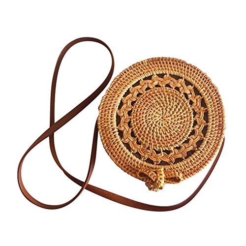 Fancylande Sac de Rond Sac de Plage Rond Femme Paille Sac à Main Sac à Bandoulière Manuel Tissage de Rotin Tissage creux Art Rétro Voyage Vacances Idéal Cadeau pour Femme Fille