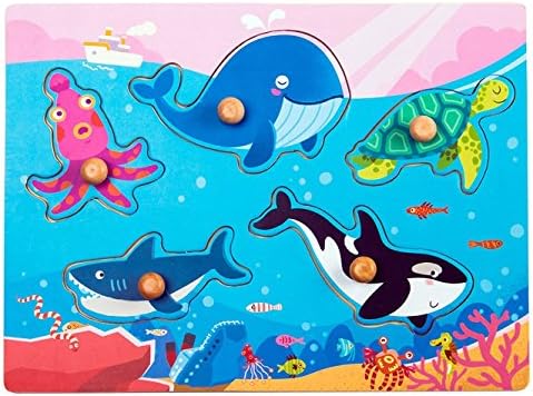 Robud Dinosaur Jigsaw Puzzles with Wooden Peg-Colorful See-Inside Wooden Puzzle For Baby-Learning&amp;Educational Game Toys For Preschool-Best Gift For Birthday(Sea Animals)