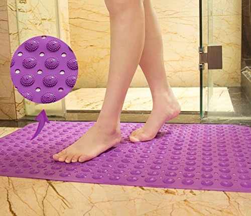 DIKETE® Non Slip Bath Mat, Dual Anti-Slip Shower Mat Design Suction Cup and Embossed Surface, Unscented Healthy Soft Mildew Resistant Foot Massage Bathroom Tub Scrub Mat, TPR 28''X14'' Purple