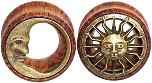 20mm 3/4" Tribal Sun &amp; Moon Organic Wood Flesh Tunnels Double Flared Ear Stretcher Saddle Plugs Gauge