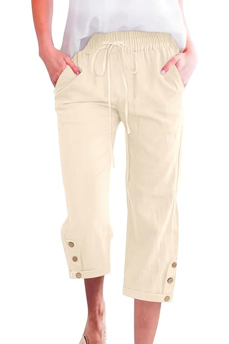 Pantalon Femme Été 7/8 Voqeen - Coton Léger, Taille Élastique Avec Cordon, Style Fluide