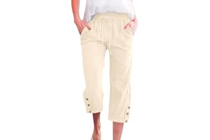 Voqeen Pantaloni Donna Estivi Leggeri Pantaloni Capri in Cotone con Elastico Vita Comodi 3/4 Pantaloni Larghi con Tasche Tinta Unita Casual
