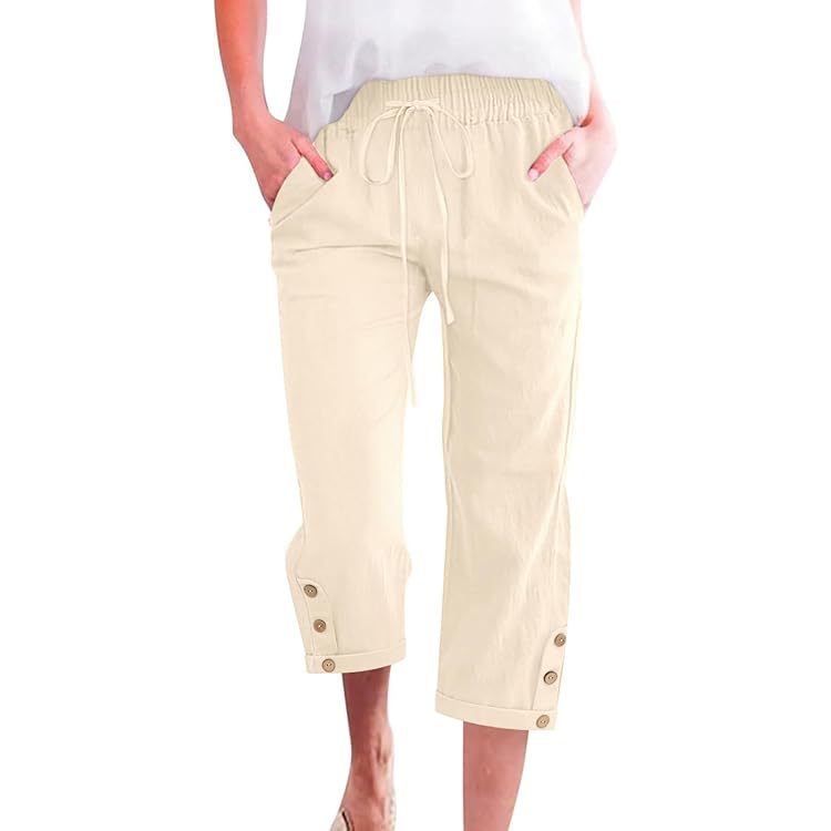 Voqeen Zomerbroek voor dames, licht en luchtig, 7/8 Palazzo broek, zomer, stoffen broek, breed, katoen, vrijetijdsbroek, plissé, ruimvallend, met zakken en elastiek, voor vakantie, strand, werk, wit
