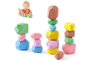 Promise Babe Giocattoli impilabili in legno pietre di bilanciamento Waldorf natura blocchi di costruzione in legno arcobaleno pietra impilabile in legno Giocattoli in legno Montessori (18PCS Set)