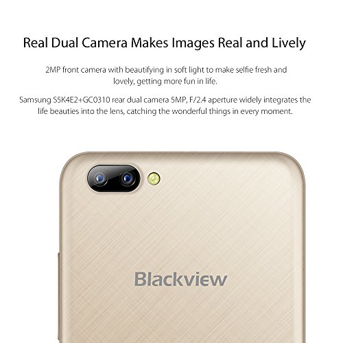 GÃ¼nstiges Smartphone, Blackview A7 Smartphone Ohne Vertrag Android 7.0 Nougat OS 5 Zoll HD Touch Display mit 2 hinteren Kameras ( 5 MP + 0.3 MP ), 3G Dual SIM 8 GB ROM + 1 GB RAM, Quad-Core Prozessor Mobiles Telefon-Gold