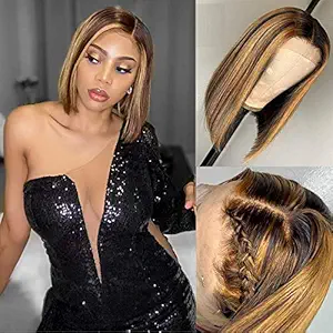 Short 13x1 Lace Front Bob Wig Pre Plucked Straight Honey Blond Ombre Color Highlight Lace Frontal Brazilian Virgin Human Hair Wigs with Baby Hair for Women 130% Density 10 Inch