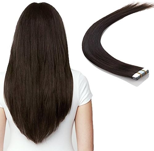 ChicFusion Tape In Human Hair Extensions Silky Straight Seamless Skin Weft Remy Hair Dark Brown 20 Pieces 50g