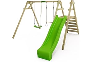 ‎FATMOOSE FATMOOSE Kinderschaukel Schaukelgestell JollyJack - Doppelschaukel mit apfelgrüner Rutsche und Kletteranbau, Schaukelgerüst, Holzschaukel für Kinder im Garten