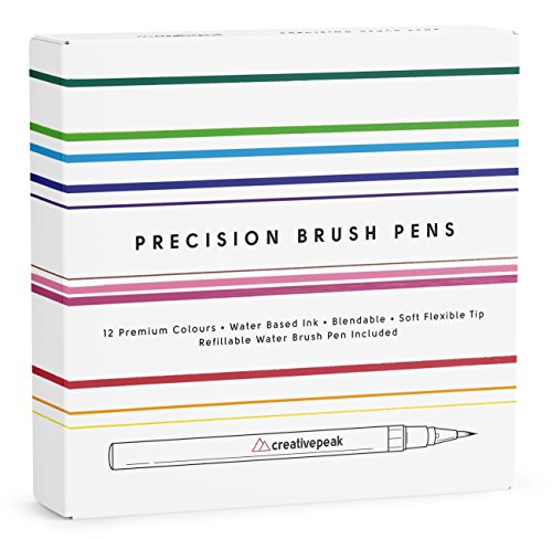 Watercolour Brush Pens - 12 Vibrant Colouring Pens & 1 Blending Brush - Premium Quality Art Supplies Featuring Soft, Real Tip - Perfect for Calligraphy, Lettering, Adult Colouring - CreativepeakTM
