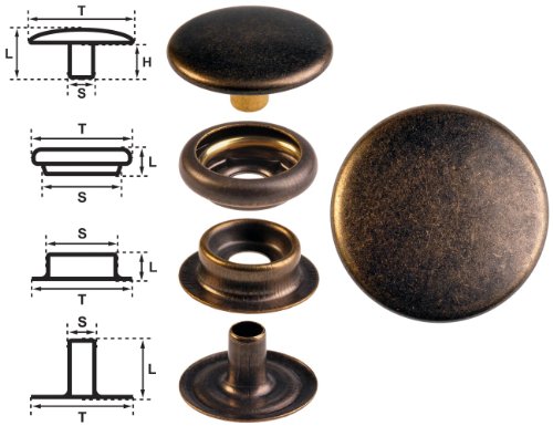 15 Ringfeder-Druckknöpfe "F3" 15.5mm aus Messing (nickelfrei), Finish: messing-antik, Verschlusskraft: stark