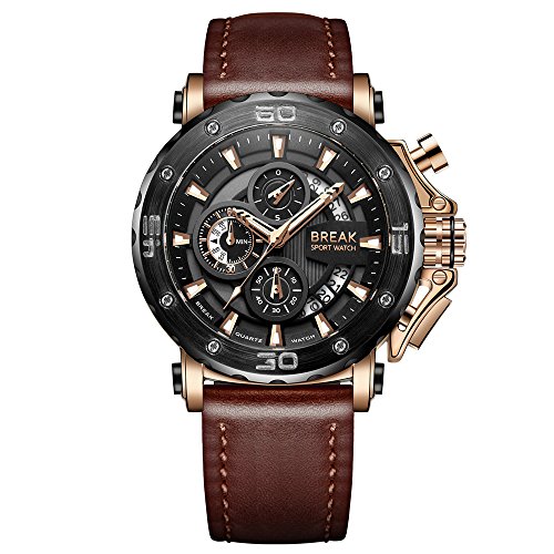 BREAK Reloj Luminoso para Hombres, Creative Chronograph Reloj de Pulsera Impermeable de Cuarzo, Wild Sport Reloj con Calendario, Correa de Cuero Marrón Reloj Analógico