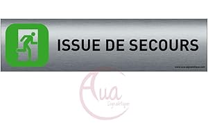 AUA SIGNALETIQUE Plaque de porte aluminium brossé imprimé -Dimensions 200 x 50 mm - Double face adhésif au dos - Impression UV directement sur l'aluminium (Pas de contre collage) (Issue secours droite)