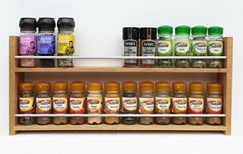 Solid Oak Spice Rack - Holds Up to 24 Spice and Herb Jars - Deeper Shelves for Bigger Jars and Bottles - 2 Tiers Freestanding on a Worktop or Wall Mounted with Wall Fixings