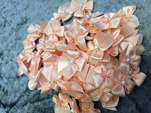 Peach Plain Satin Ribbon & Pearl Bows Embellishments - 20 per packet