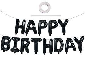 TONIFUL Black Happy Birthday Balloons Banner, 16 Inch Mylar Foil Letters Sign Bunting Reusable for Girls Boys Kids & Adults Birthday Decorations Party Supplies