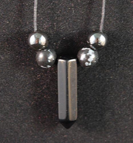 Black Agate Crystal Point Pendant Amulet on adjustable cord with added Hematite and Snowflake Obsidian