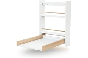 AT4 - Table à langer murale ESSENTIEL Blanc et Hêtre Verni| Dimensions ouverte (L x l x H) : 56 x 77,5 x 78 cm | Pliée (L x l x H) : 56 x 18 x 78 cm | 2 étagères de rangement | Facile à utiliser