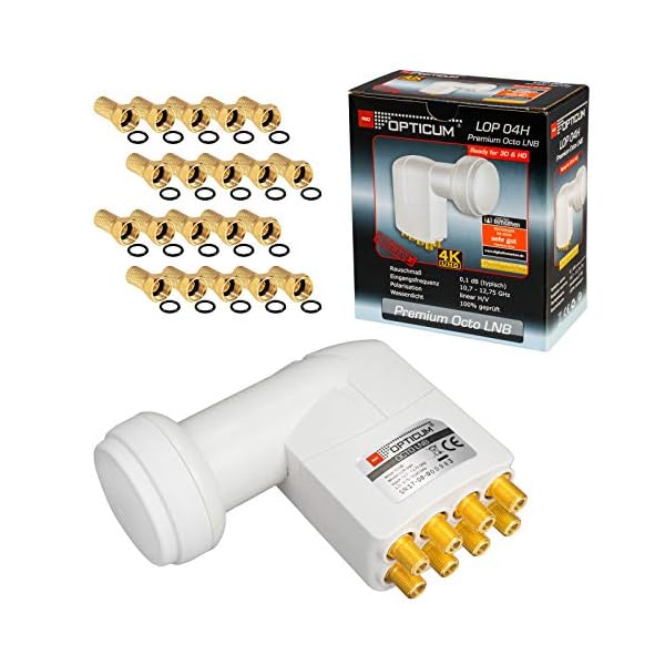 HB-DIGITAL Set Monoblock LNB von Opticum 0,1dB LNC Direkt 2 Sat Astra 19,2° Hotbird 13° Full HD TV 3D Ultra HD 4K + Gummitüllen + F-Stecker vergoldet GRATIS dazu