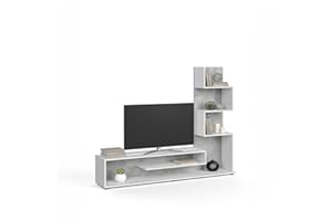 duehome | Mueble de Salón, Composición Modular de TV, Modelo Moobi 160, Acabado en Blanco y Microcemento, Medidas: 160 cm (Largo) x 29 cm (Fondo) x 124 cm (Alto)