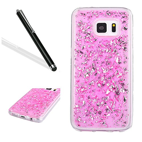 Galaxy S6 Handytasche,Glitzer Hülle für Samsung Galaxy S6,Leeook Hülle TPU Case Schutzhülle Silikon Crystal Kirstall Clear Case Durchsichtig Rosa Glitzer Malerei Muster Transparent Silikon Schutzhülle Hülle Cover Abdeckung Etui TPU Bumper Schale für Samsung Galaxy S6 + 1 x Schwarz Eingabestift-Pink Glitzer