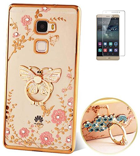 Preisvergleich Produktbild ISENPENK Huawei Mate S / Mate S Dual(2015) Hülle Silikon Transparent 3D Bling Glitzer Ultra Slim Soft TPU Wasserdicht Shockproof Protection Case,Durchsichtig Weichem Silicone Thin Handyhülle,Butterfly Blume Kristall Diamant Glänzend Stoßdämpfend Spiegel Schutz Crystal Schutzhülle Etui Bumper mit Diamant Ring Halter Ständer Standfunktion Tasche für Huawei Mate S / Mate S Dual(2015) 5.5Zoll-[schemetterling,gold]+Panzerglas Folie Displayfoile Schutzfolie