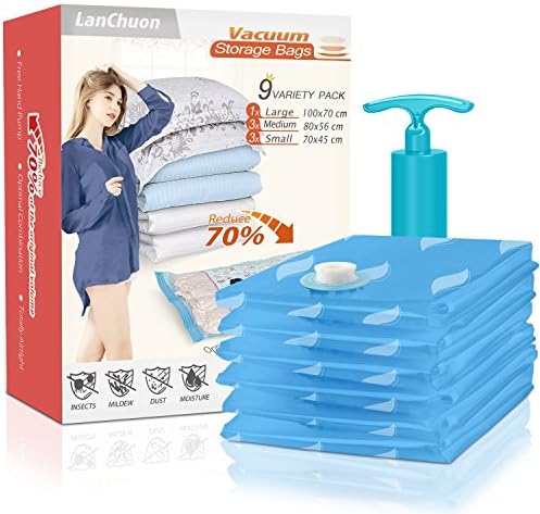 LanChuon Vacuum Seal Storage Bags, Double Seal Heavy Duty Space Saver, Air Tight Compression Bags Organizer with Hand Pump for Clothes, Bedding, Pillows, Comforters, Curtains, Duvets and More, 7 Pack