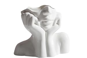 POMUROM Cerámica Blanca, 1/2 Piezas Florero Cerámica Jarrón con Forma Cara Mujer, Maceta Escultura Arreglo Flores Secas Jarrón Moderno para Decoración del Hogar Oficina Sala Estar