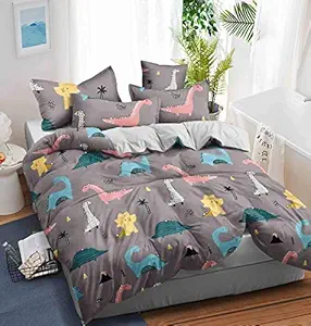 Ab Home Decor Multi Dinosaurs Cartoon Print Bedsheet for Kids Double Bed Boys-Girls - Sheet Size 90 x 100 with 2 Pillow Covers