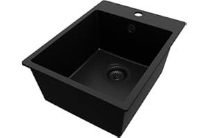 PRIMAGRAN Lavello da Cucina Tutto Nero 38x50cm, Lavandino in Granito a 1 vasca + Sifone Classico, Lavabo Incasso al mobile 40cm - Riga S007
