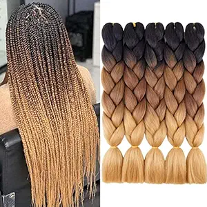 AIDUSA AIDUSA Ombre Braiding Hair 5pcs Synthetic Braids Hair 24 Inch 3 Tone Ombre Braiding Crochet Braids Hair Extensions 100g (#53 Black to Brown to Blonde)