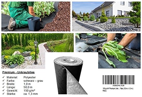 150 g/m² - Reißfestes Premium Unkrautvlies bzw. Gartenvlies: (L) 50m x (B) 1,0 m x (H) 1,3 mm