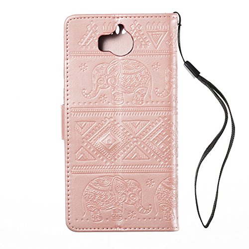 Cover Huawei Y5 2017, Custodia Huawei Y6 2017, CaseLover PU Pelle Libro Flip Portafoglio Goffratura Elefante Custodia per Huawei Nova Young / Huawei Y5 III Interno Silicone TPU Protettiva Caso con Porta Carte Chiusura Magnetica Supporto Funzione Appoggio Cuoio Protezione Copertura (5.0 Pollici) - Oro Rosa