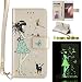 Produktbild P10 lederhülle ledercase,Huawei P10 Luminous Leder Wallet Tasche Brieftasche Schutzhülle,Fanryn Schönes Mädchen und Katzen Muster Nacht Leuchtende Design Hochwertige PU Leder Flip Tasche Case Hülle im Bookstyle mit Standfunktion Kredit Kartenfächer für Huawei P10 (Gold)