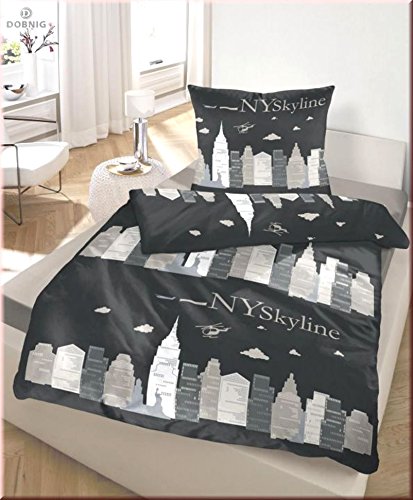 Dobnig IDO Fein Biber Bettwäsche 2tlg. Schwarz NY Skyline 47801-605 Bettwäsche Bettbezug 80 x 80 cm/200 x 135 cm