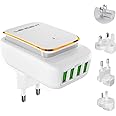 LENCENT Reseadapter, Adapter Resekontakt med Nattlampa/4 USB (4,4 A), Kontakt Uttagsadapter Resekontakt Strömadapter för 220 