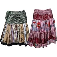 Mogul Interior 2 Pc Women's Boho Mini Skirt High Waist Silk Sari Flare Skater Skirts S/M