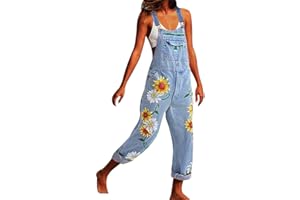 Morbuy Salopette da Donna in Denim Senza Maniche, Retrò Tutine Stampa Fiori,Casual Gamba Dritta con Tasche Baggy Boyfriend Overall Jeans Pantaloni Playsuit Romper